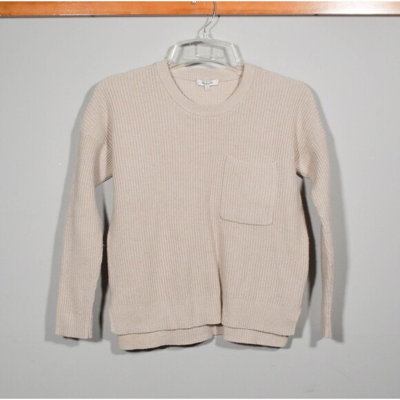 Madewell AA782 Oatmeal Cotton Knit Boxy Thompson Pocket Pullover Sweater Sz S - Picture 2 of 5